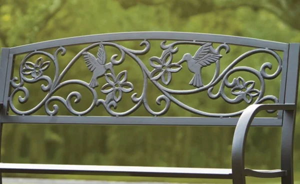 Cast Aluminum Outdoor Garden Bench with Hummingbird Design, Black
