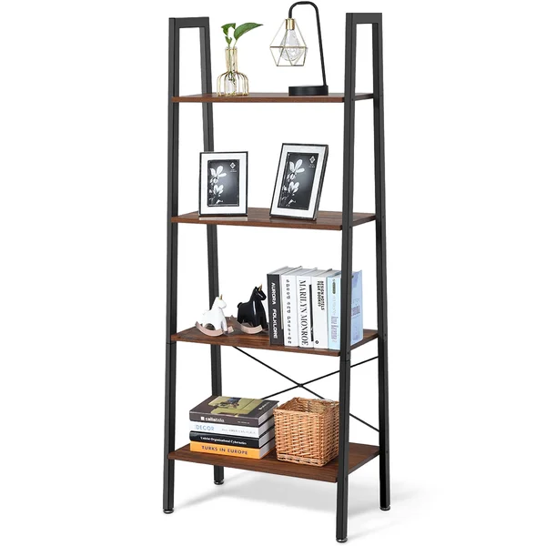 4-Tier Ladder Shelf Bookcase Storage and Display Rack - Black/Brown