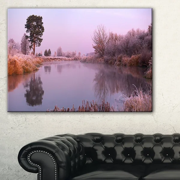 Design Art Misty Autumn Sunrise Over River - Landscape Print Wall Artwork - Yellow - 60 in. Wide x 28 in. High