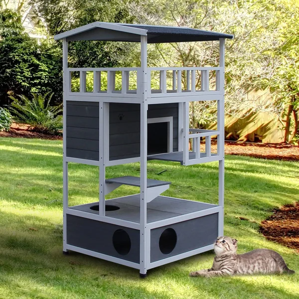 Pawhut Solid Wood 4-Floor Cat Condo Villa with Litter Box