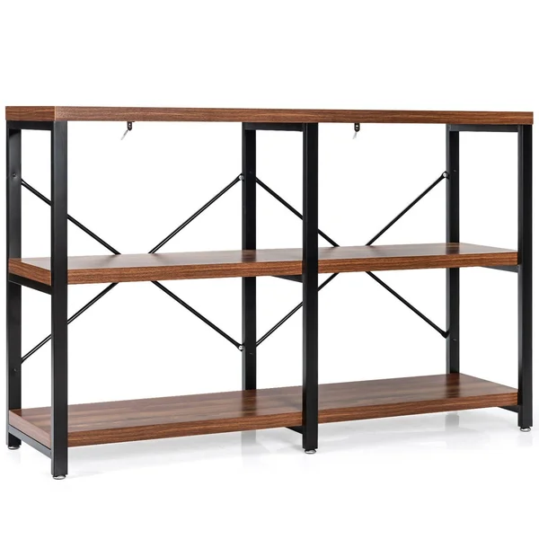 Gymax 47'' Console Table 3 Tier Industrial Sofa Table Metal Frame - 47'' x 13'' x 30'' - Brown