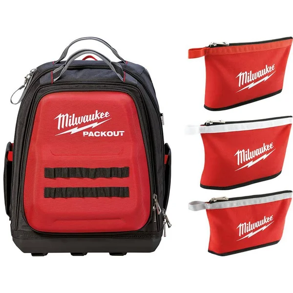 Milwaukee 15 in. PACKOUT Backpack with 3-Pack Zipper Tool Bags - Red