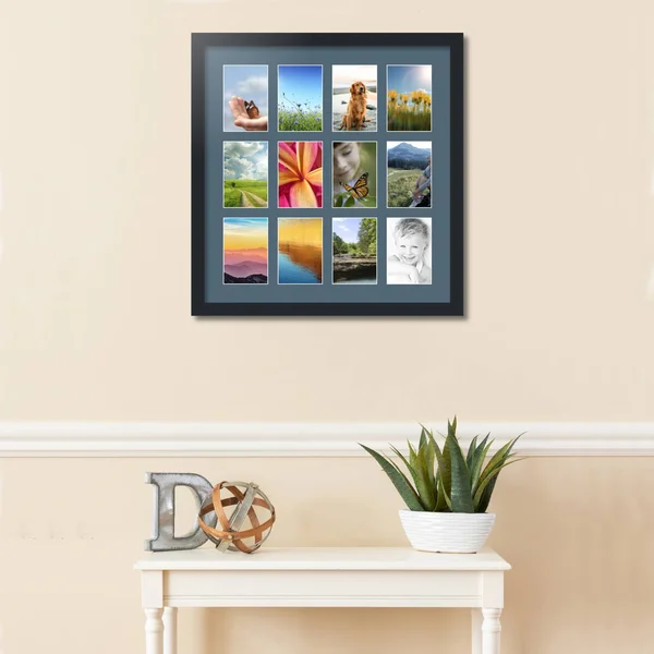Collage Picture Frame, Satin Black Frame with 12 openings for 4x6 Photos with Dutch Blue Mat. D3926FE228, ArtToFrames