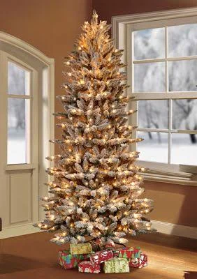 Puleo International Pre-Lit Slim Flocked Franklin Fir Christmas Tree - Green