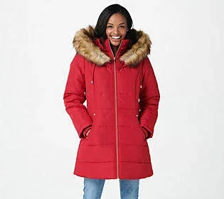 Susan Graver Water Resistant Quilted Puffer Jacket w/ Hood, Size X-Small, Scarlet Red