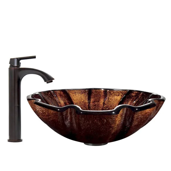 Vigo VGT421 Walnut Shell Glass Sink and Vessel Linus Faucet Set in Antique Rubbed Bronze
