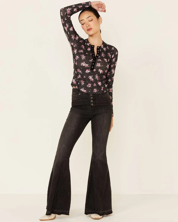 Free People One of The Girls Henley - Black X-Large, Women's