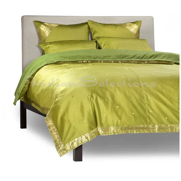 Olive Green-5 Piece Handmade Sari Duvet Cover Set with Pillow Covers, Euro Sham