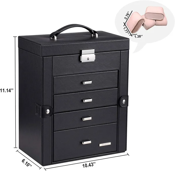 Homde Synthetic Leather Huge Jewelry Box Mirrored Watch Organizer Necklace Ring Earring Storage Lockable Gift Case (Black)