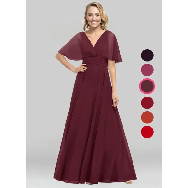 Azazie A-Line/Princess V-Neck Floor-Length Chiffon Bridesmaid Dresses - Cabernet