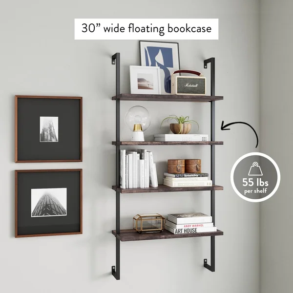 Nathan James Theo 4-Shelf Bookcase, Floating Wall Mount Shelves with Natural Wood and Industrial Pipe Metal Frame, Nutmeg/Black