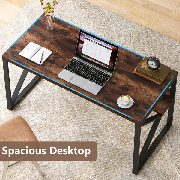 Faux Wood Computer Desk with Shelf - 55 inch Study Writing Table Workstation, Rustic Brown