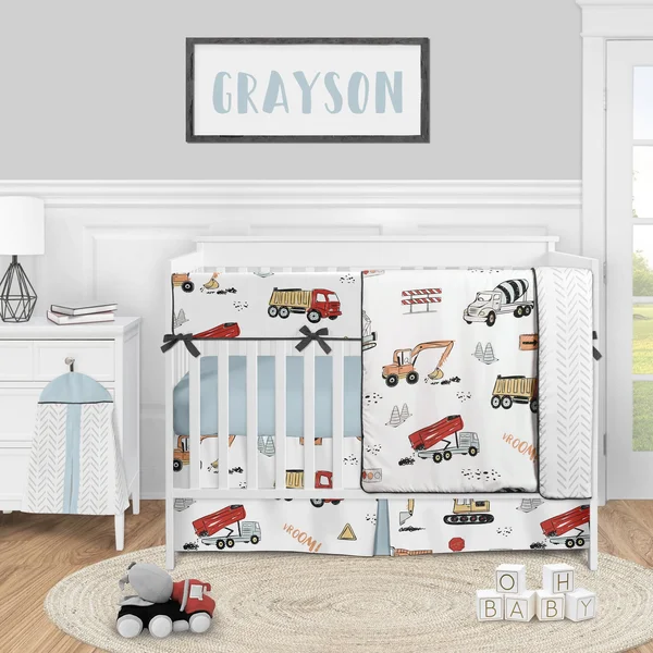 Sweet Jojo Designs Construction Truck Baby Boy Nursery Crib Bedding Set - 5 Pieces - Grey Yellow Orange Red and Blue Transportat