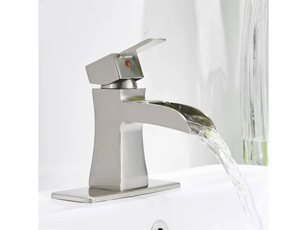 Bathlavish Waterfall Bathroom Faucet Brushed Nickel Sink with Pop Up Drain Vanity Single Hole Lavatory Modern Basin Satin Mixer