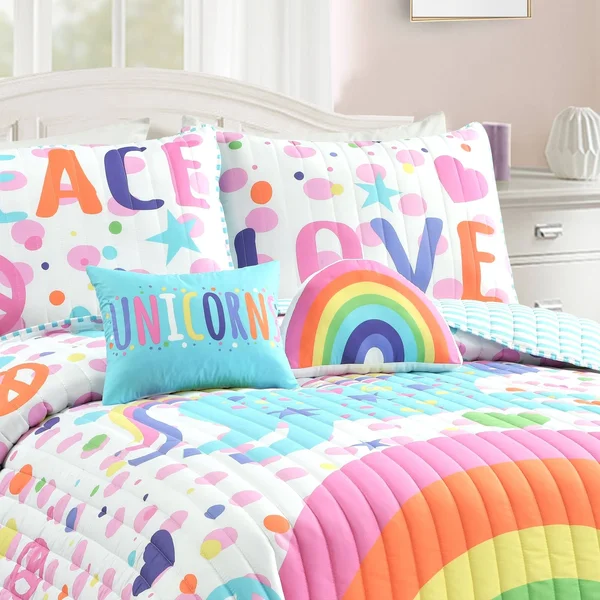 Lush Decor Unicorn Rainbow 4 Piece Quilt Set - Twin, White