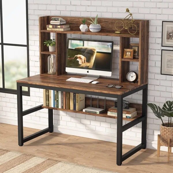 Computer Desk with Storage Shelves, 47 inch Modern Study Writing Desk with Hutch - Vintage Brown