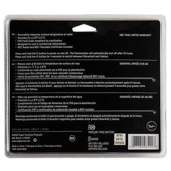 Taylor 8791 TempRite Dishwasher Plate Thermometer