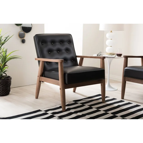 Baxton Studio Sorrento Mid-Century Black Faux Leather Lounge Chair