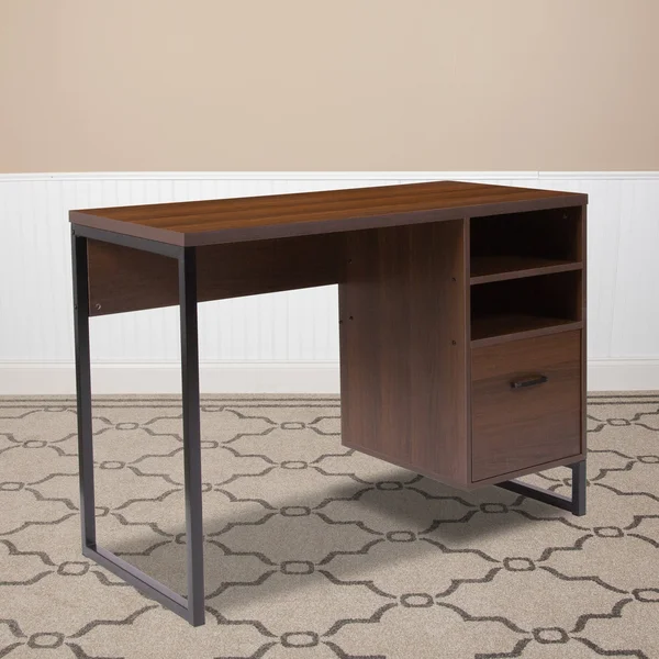 Lancaster Home Rustic Coffee Wood Grain Finish Computer Desk with Metal Frame, Size: Medium, Black