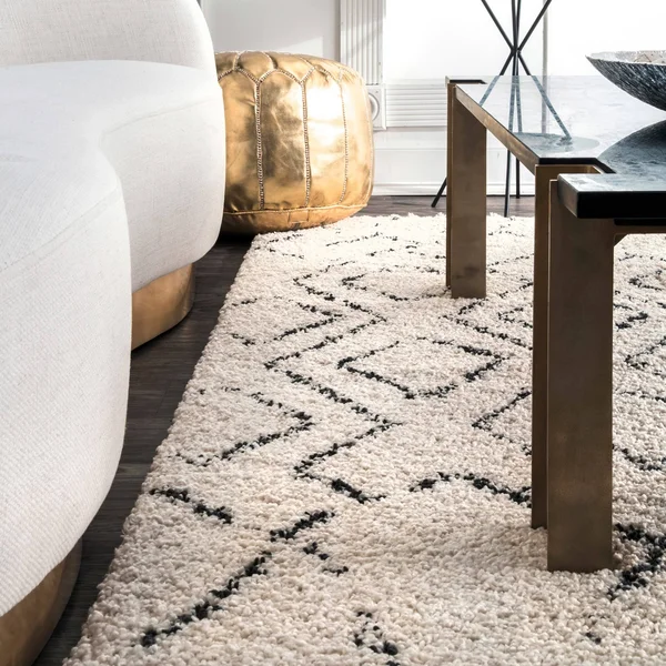 The Curated Nomad Philo Off-White Moroccan Tribal Geometric Shag Tassel Area Rug - 10& 2x22 x 14&