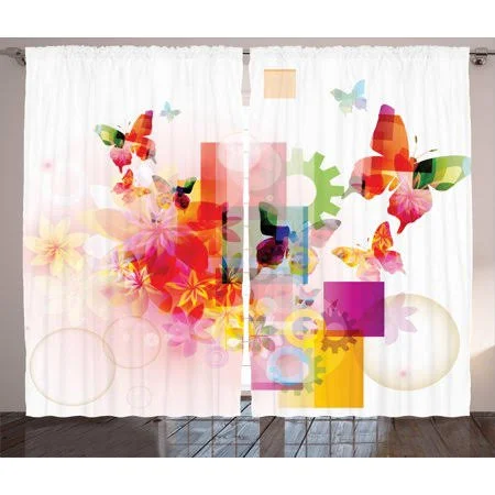 Abstract Curtains 2 Panels Set - Natural Design with Flowers Leaves Squares Rounds Circles Artwork Image Art Print, Window Drapes