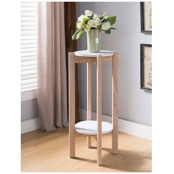 Natural Wood Plant Stand with Two Round Shelves Light Brown and White