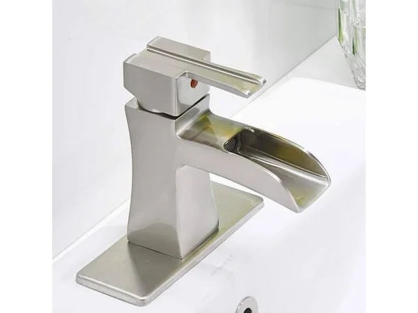 Bathlavish Waterfall Bathroom Faucet Brushed Nickel Sink with Pop Up Drain Vanity Single Hole Lavatory Modern Basin Satin Mixer