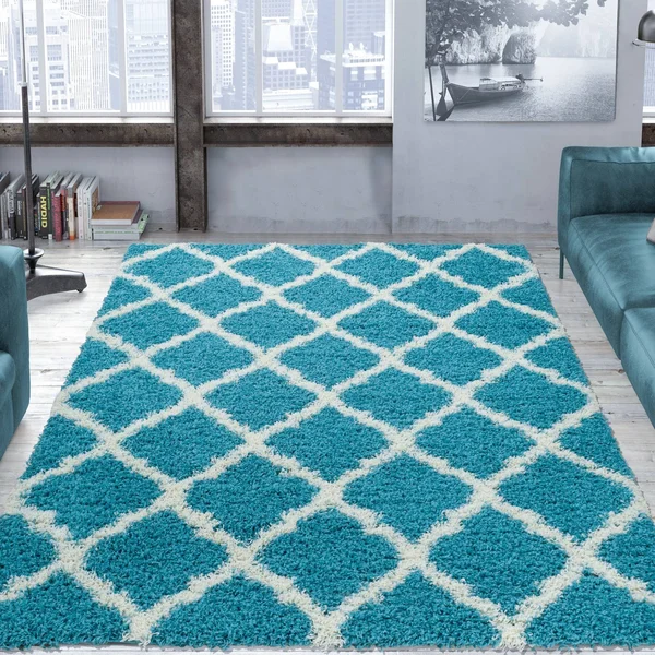 Ottomanson Ultimate Shaggy Moroccan Trellis Area Rug - Turquoise - 5.3' x 7'