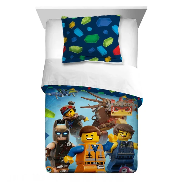 The Lego Movie 2 Kids Bedding - 2pc Comforter and Sham Set, Twin/Full, Lets Build Together, Blue