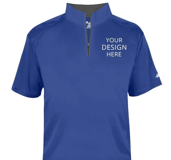 Custom Printed Badger Sports Men's Adult B-Core Short Sleeve 1/4 Zip Pullover - Size: L, Royal/Graphite