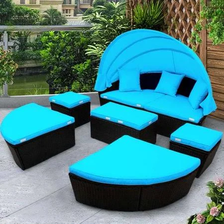 Outdoor Conversation Sets - Round Patio Daybed Sunbed with Retractable Canopy and Blue CUSHION, Rattan Wicker Patio Furniture Day
