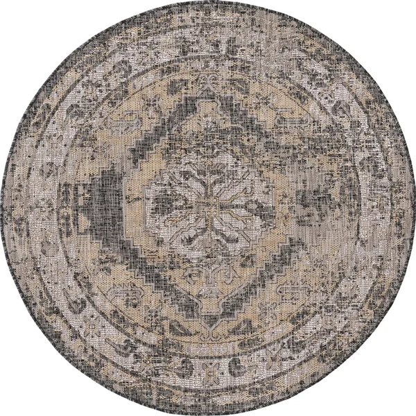 Outdoor Traditional Charcoal 5 ft Round Area Rug Indoor Outdoor Rug