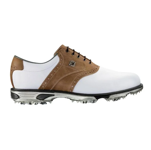 DryJoys Men's Tour Golf Shoes Spiked Saddle in White - Bomber Taupe Size 9 N