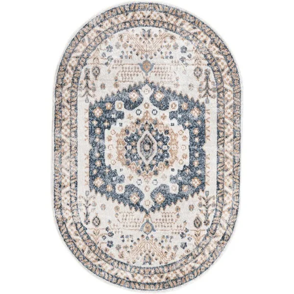 Unique Loom Oxford Medallion Border Rug 5' 1 x 8' Oval Ivory/Blue