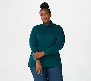 Isaac Mizrahi Live! Essentials Long-Sleeve Hi- Low Hem Turtle, Size 1X, Midnight Green