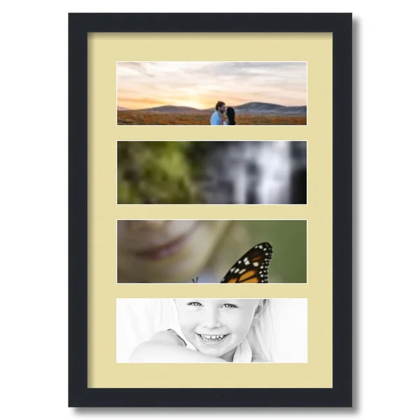 Collage Picture Frame - Satin Black Frame with 4 openings for 4x12 Photos with Ivory Buttercup Mat. D3926GD268, ArtToFrames