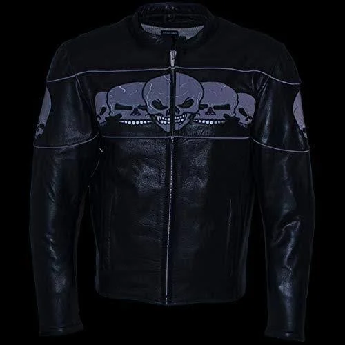 Xelement Bxu6050 Men's &3 Skull Head& Black Leather Motorcycle Jacket with X-Armor Protection - Black, Small