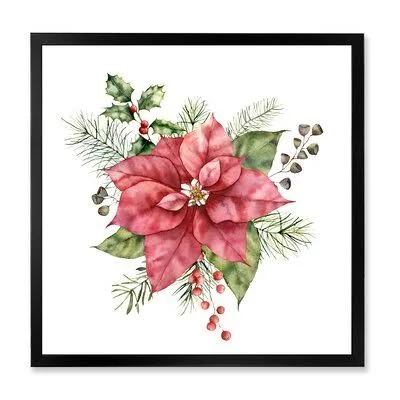 Holly Mistletoe Berries and Christmas Fir Branch II - Painting on Canvas East Urban Home Format: Black Picture Frame, Size: 36x2