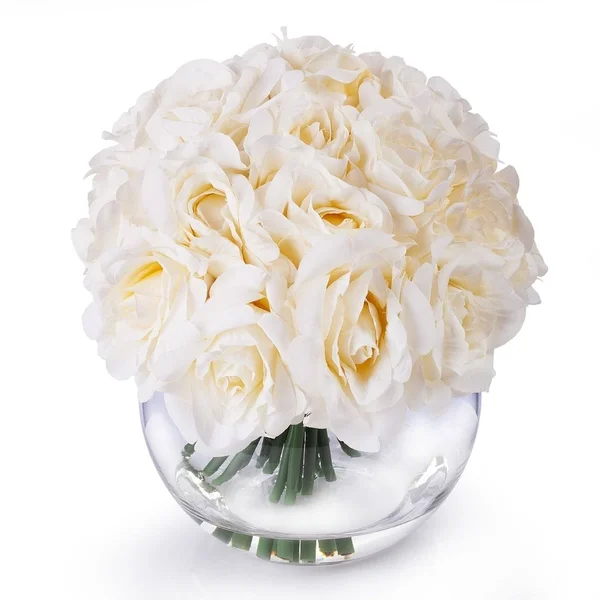 Enova Home 21 Heads Rose Silk Flower Arrangement in Round Clear Glass Vase with Faux Water - Pink
