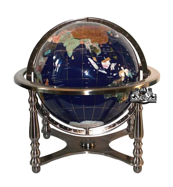 Unique Art 21-Inch Tall Blue Lapis Ocean Table Top Gemstone World Globe with 4 Leg Silver Stand