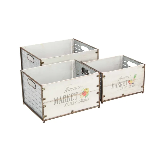 Set of 3 Fir Wood and Iron Market Crate Planters - White