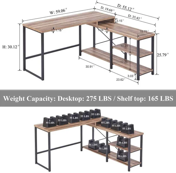 Bon Augure L Shaped Desk with Shelves - Reversible Corner Computer Desk, Rustic W