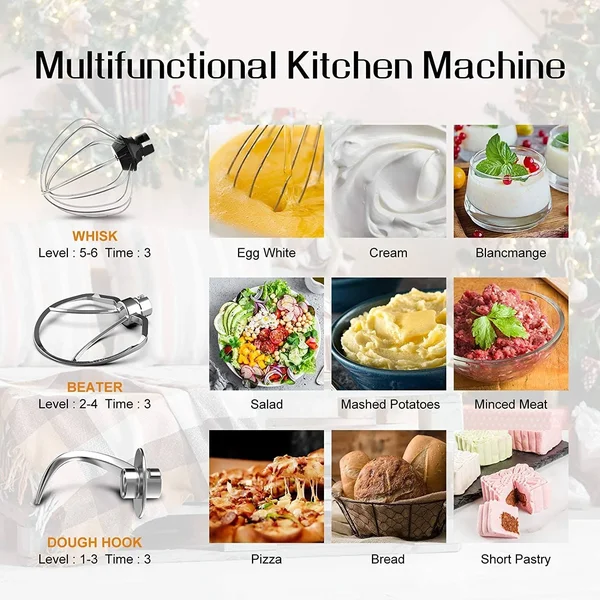 Nurxiovo 3 in 1 Stand Mixer - 850W Kitchen Food Mixer with 6 Speed and Pulse, Home Mixer Stand Up with 7qt Stainless Steel Bowl, Do