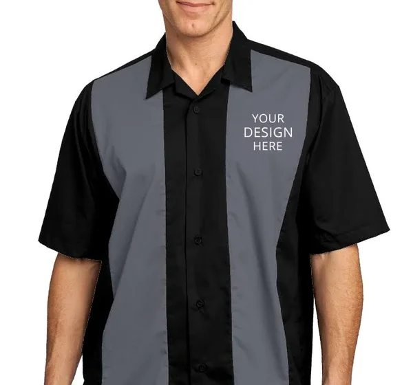 Custom Embroidered Port Authority Men's Bowling Shirts - Retro Camp Bowling Shirt - Size: S, Black/Steel Grey