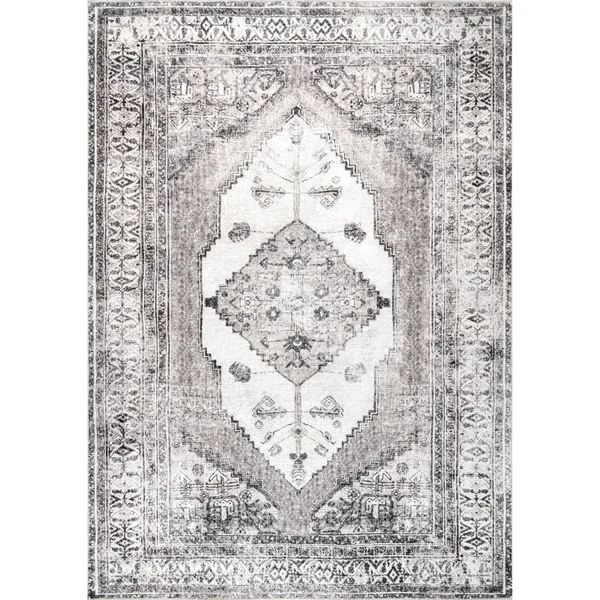 nuLOOM Gladys Machine Washable Vintage Medallion Area Rug - 8& Round - Light Grey