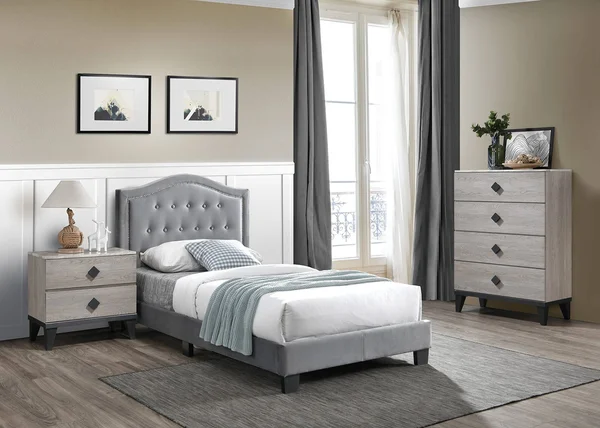 Poundex P9571 Gray Velvet Upholstery Queen Bed at Comfyco Furniture
