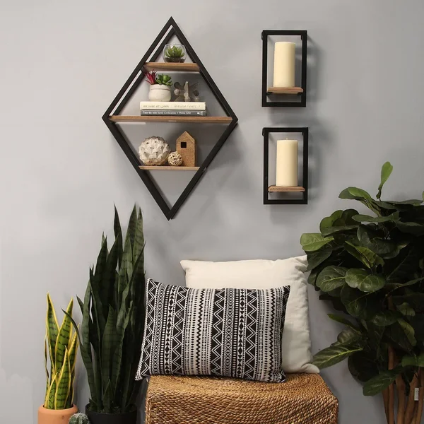 Diamond Wood & Metal Shelf Wall Decor