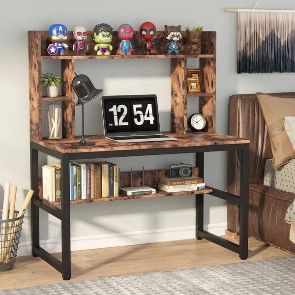 Computer Desk with Storage Shelves, 47 inch Modern Study Writing Desk with Hutch - Vintage Brown