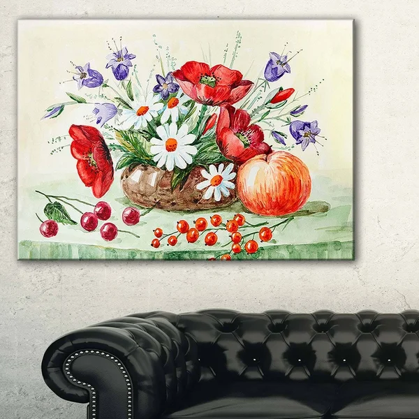 Design Art Colorful Bunch of Flowers and Fruits - Floral Canvas Art Print - Green - 32 in. Wide x 16 in. High