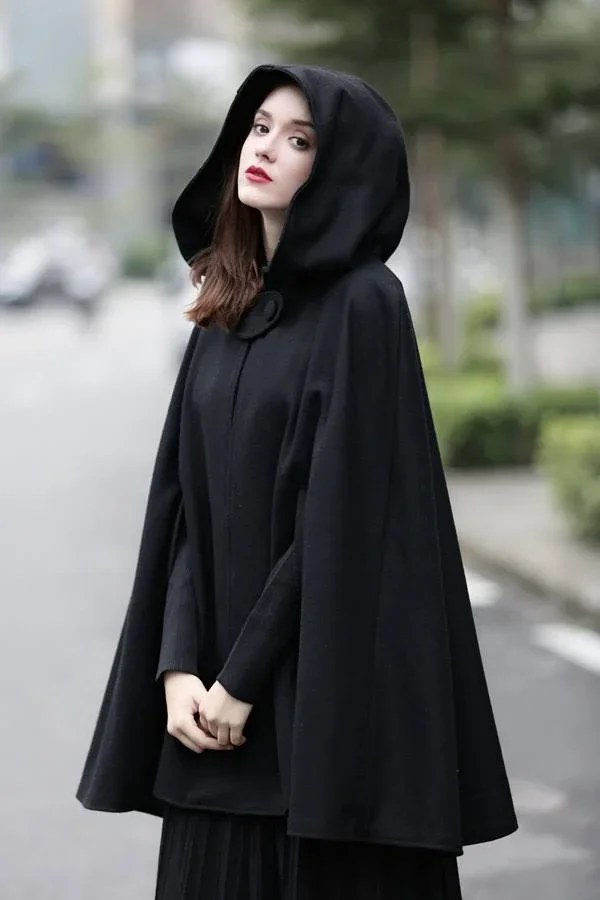 Black Hooded Wool Coat, Wool Cloak Cape, Cashmere Women Wool Winter Coat Long Jacket, Christmas Gift Coat, Black Cashmere Coat C